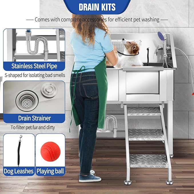 Professional Stainless Steel Dog Grooming Bathtub Station Wash Shower Sink with Faucet Walk-in Ramp and Accessories Pet Grooming Bathtub Station,34" R-RAMP