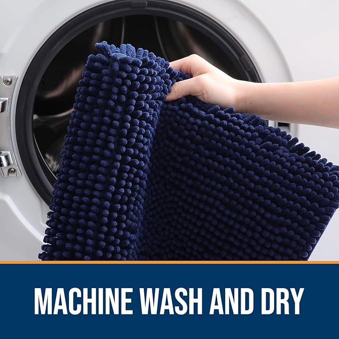 OLANLY Dog Door Mat Set 2-Piece 36x24, Absorbs Moisture and Dirt, Absorbent Non-Slip Washable Doormat, Quick Dry Chenille Mud Mat for Dogs, Entry Indoor Entryway Carpet for Inside Floor, Navy Blue