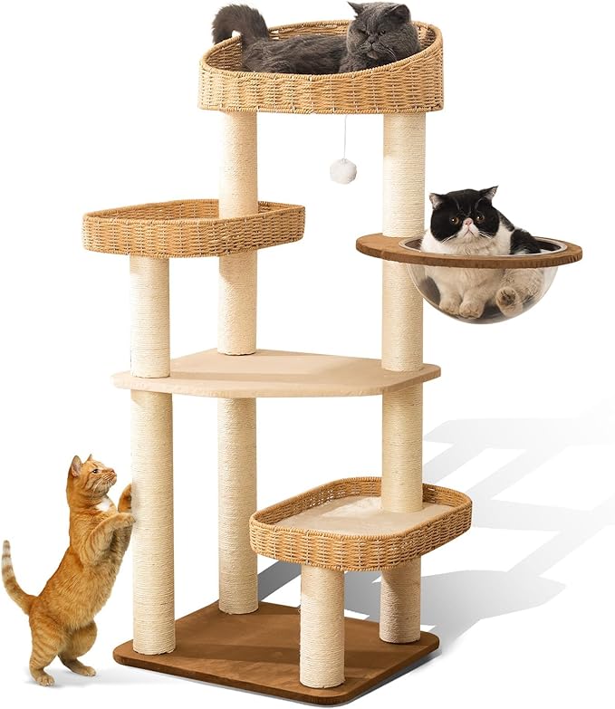 Cat Tree Tower for Indoor Cats, House Condo for Large Cats, Modern Tall Manual Hand Woven With Sisal, Scratching Post, Cute Furniture Activity Centre, Cat Lover Gift