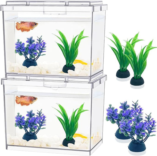 Mini Betta Fish Tank, Small Fish Bowl for Temporary Space, 0.2 Gallon Stackable Cube Tank with Artificial Plants and Gravels for Small Fish, Insect, Shrimp, Crab, Spider. (Pack-2)