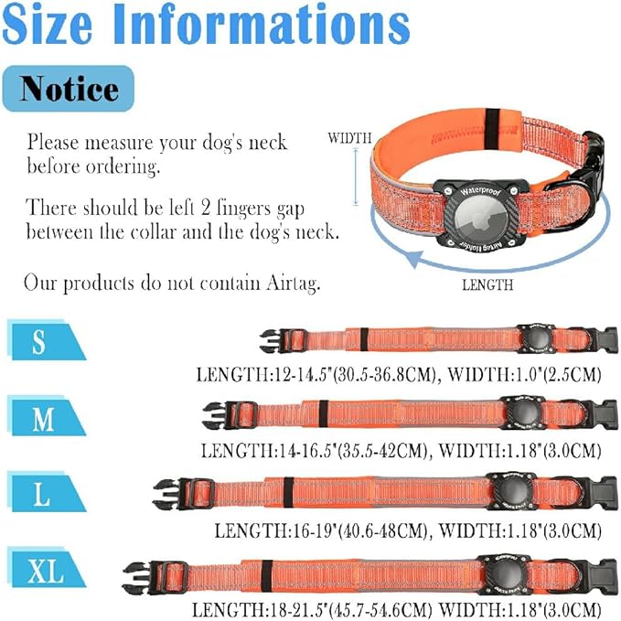 Upgraded AirTag Dog Collar, IP68 Waterproof Dog Collar with Apple Air Tag Holder, Reflective Adjustable Heavy Duty Dog Collars with Soft Padded for Small, Medium and Large Dogs,Orange, L