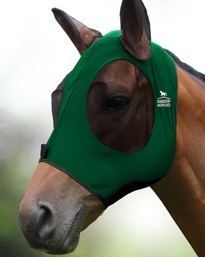 Harrison Howard Super Comfort Stretchy Fly Mask Large Eye Space with UV Protection Soft on Skin with Breathability Deep Green M Cob