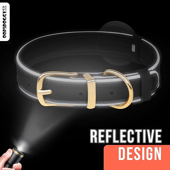 OOPSDOGGY Reflective Geniune Leather Airtag Dog Collar Soft Padded Collars for Small Medium Large Breed Dogs Puppy, 4 Sizes, 7 Colors (Pink, XLarge, 19"-24")