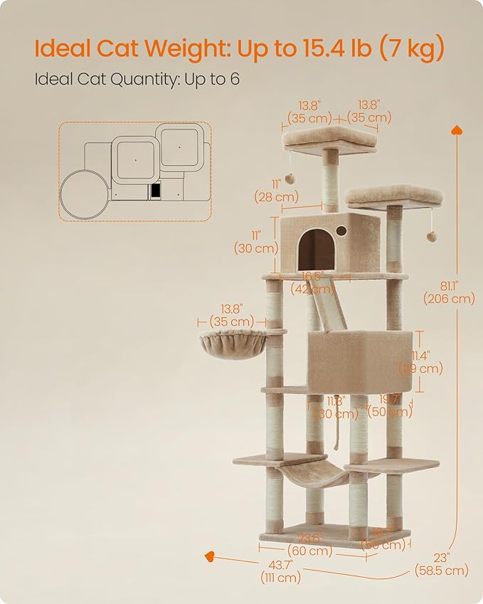 Feandrea Cat Tree, 81.1-Inch Large Cat Tower with 13 Scratching Posts, 2 Perches, 2 Caves, Basket, Hammock, Pompoms, Multi-Level Plush Cat Condo for Indoor Cats, Camel Brown UPCT190K01