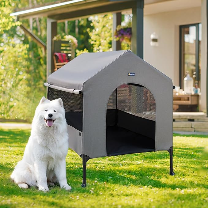 Veehoo 35" Dog House, 2-in-1 Large Dog House Outdoor Indoor Weatherproof, Outside Elevated Dog Cot Bed Dog Tent Shade, Three-Sided Breathable Mesh Windows and Sunshades, CWC2435CP