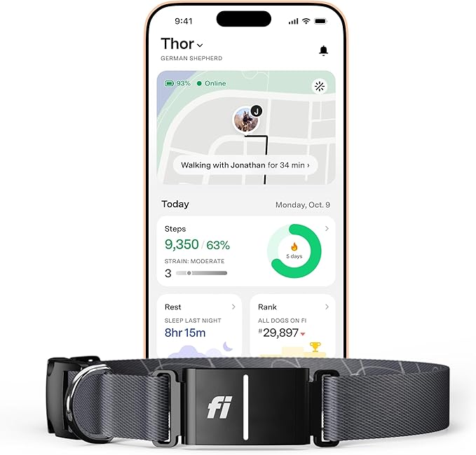 New Fi Series 3+ Smart Dog Tracker Collar – AI GPS for Dogs, Health & Behavior Monitor, Virtual Fence, Escape Alerts, Waterproof, Apple Watch Compatible 12Mo Membership Included