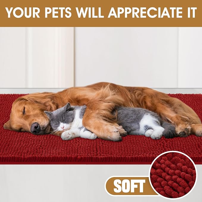IM HOME Extra Large 71" x 25" Red Dog Door Mats for Muddy Paws, Chenille Absorbent Dog Mat, Non Slip Heavy Mud Mat for Dogs, Soft Pet Bed Mat for Entryway, Mud Paws, Inside Floor