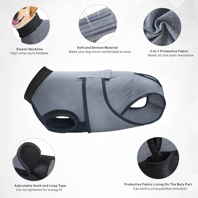 Idepet Dog Recovery Suit Female,Dogs Onesie Suit Surgery Male Breathable Pet Bodysuit for Spay Neuter E-Collar & Cone Alternative Surgical Suit Puppy Abdominal Anti Licking Wounds Shirt (Gray, XXL)