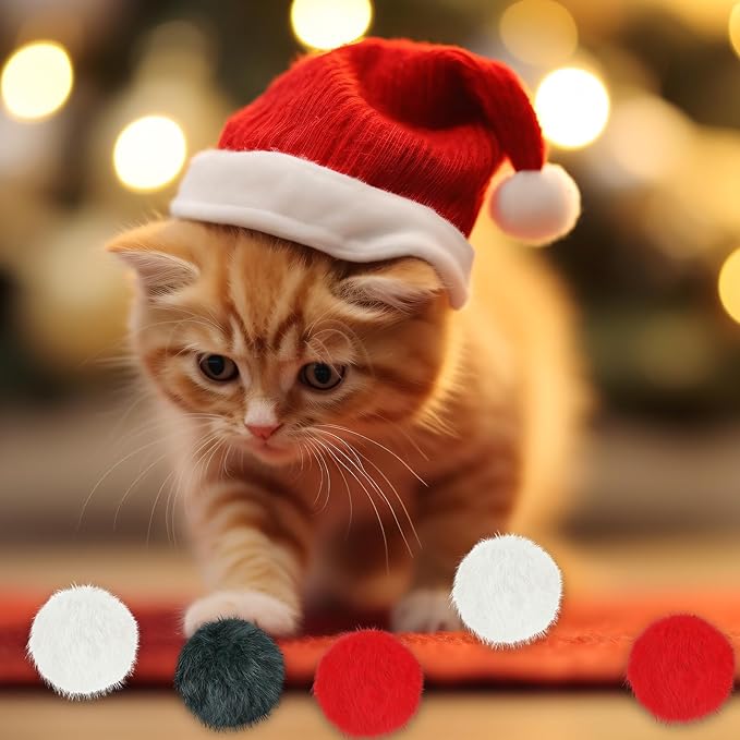 LEIFIDE 12 Pieces Real Rabbit Fur Pom Pom Kitty Cat Toy Fluffy Cat Balls Soft Fuzzy Balls for Kitty Pets Kitten Chase Quiet Play, 3 Inches in Diameter(Red,White,Green)