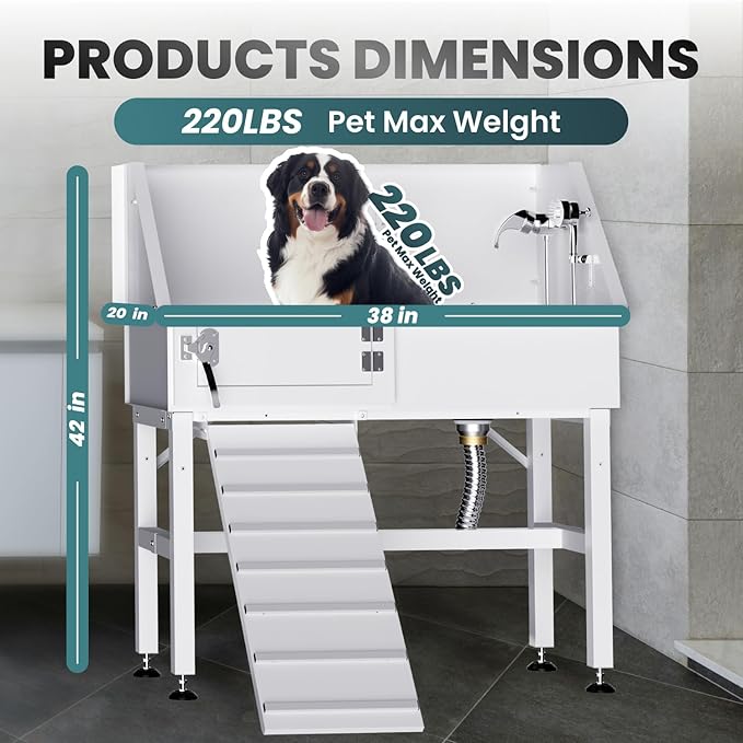 Dog Washing Station for Home, 38" White Professional Stainless Steel Dog Grooming Tub, Height Adjustable Dog Bathing Station, Upgrade Parts, Dog Bath Tubs for Small & Medium Dogs(Left Ramp)