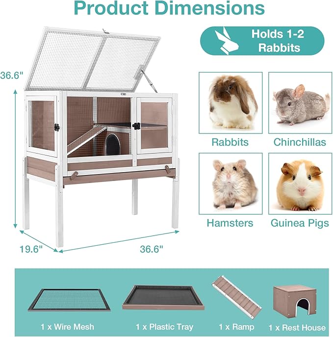 Guinea Pig Cage with Wooden Stand,Indoor Rabbit Hutch with 2 Stories,Hamster Cage with Anti Chew Ramp,Hideout, Platform, Pull Out Tray (Brown)