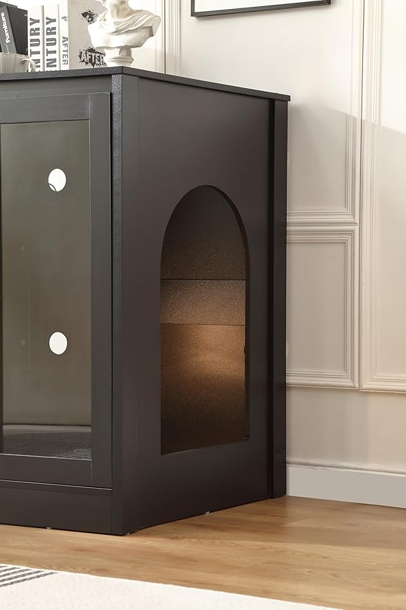 Cat Litter Robot Enclosure with Glass Cat-Observant Doors,Litter Robot Cabinet with Reversible and Optional Entry(Left or Right),Cozy LED for Cats,Power Outlet for More Choice, Black