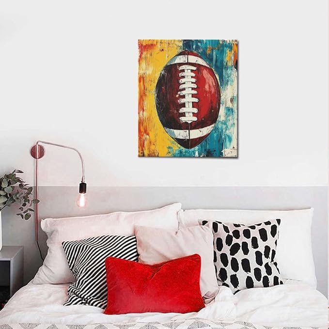 Graffiti Football Bathroom Pictures Wall Art, Rugby Sport Bathroom Wall Decor, Colorful Football Framed Painting Canvas Artwork for Bedroom Living Room Decorations 24"L x 20"W