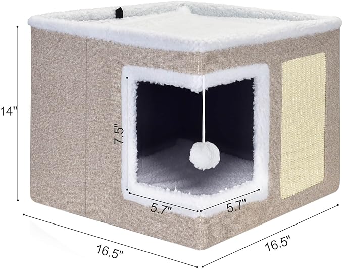 petizer Cat Bed for Indoor Cats, Large Covered Cat House with Scratch Pad, Foldable Cat Cave Bed & Hideaway Cube with Reversible Cushions, Cute Cat Condo for Multi Small Pet Kitten (Khaki)