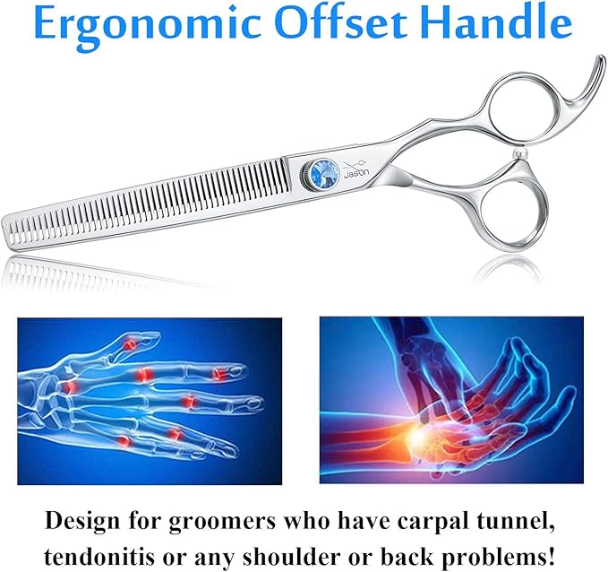 JASON 7" 50 Teeth Thinning Dog Grooming Blending Scissor, Ergonomic Pet Grooming Thinner Blender Shears Cat Trimming Texturizing Kit with Offset Handle and a Jewelled Screw, 30% Thinning Rate