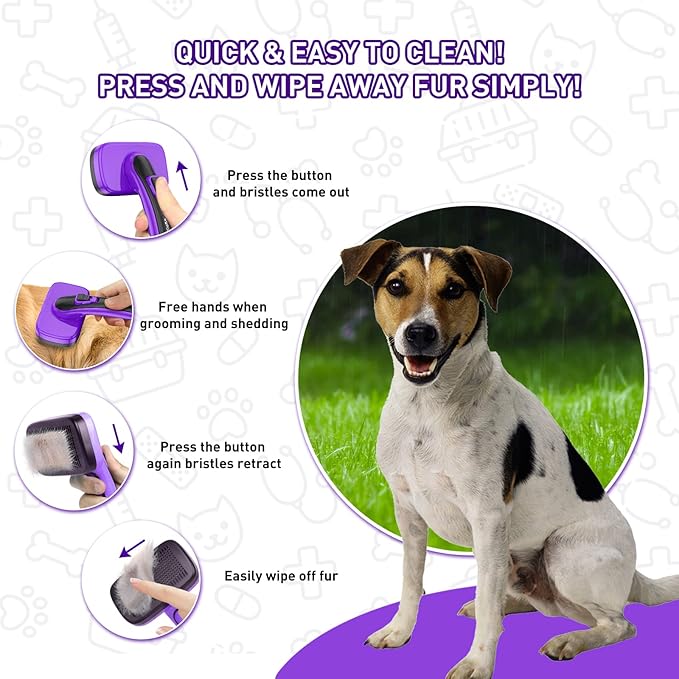 Dogs Cats Self Cleaning Slicker Brush for Shedding & Grooming Any Breed of Pets, Removes Loose, Undercoat, Mats, Tangled Hair for Small Medium Large Animal With Long Short Fur Length, Purple