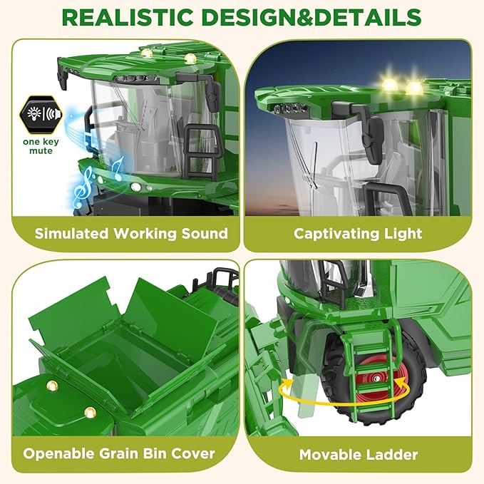 Remote Control Combine Harvester Tractor Toy with Corn Head, RC Tractor Toys for Kids 3+, Light/Spray/Sound/1/24 Scale, Farm Toy Combine Harvester for Kids, Christmas Birthday Gift 2025