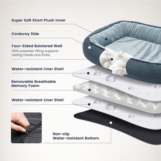 Orthopedic Cat Beds for Indoor Cats, Egg-Crate Memory Foam Pet Sofa with Bolster Sides, Oval Crate Bed, Washable Removable Cover & Non-Slip Bottom, Haze Blue