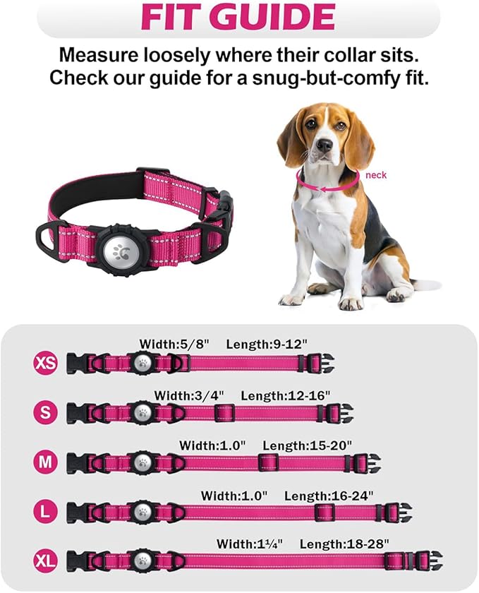 TagME Airtag Dog Collar,Waterproof Reflective Pet Collar with Airtag Holder,Soft Padded and Double D-Rings for Puppy,Hot Pink