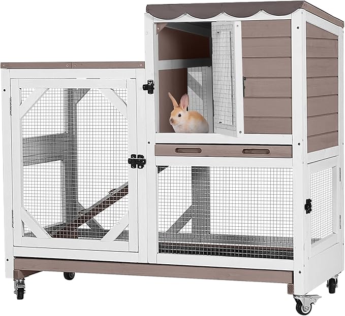 Rabbit Hutch Outdoor Indoor,Two Story Wooden Bunny Cage with Casters,Guinea Pig Cage for Small to Medium Animals with Waterproof Roof and Leakproof Tray
