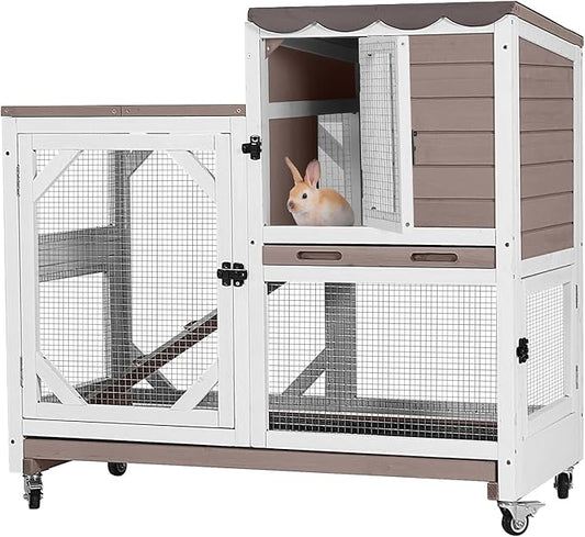 Rabbit Hutch Outdoor Indoor,Two Story Wooden Bunny Cage with Casters,Guinea Pig Cage for Small to Medium Animals with Waterproof Roof and Leakproof Tray