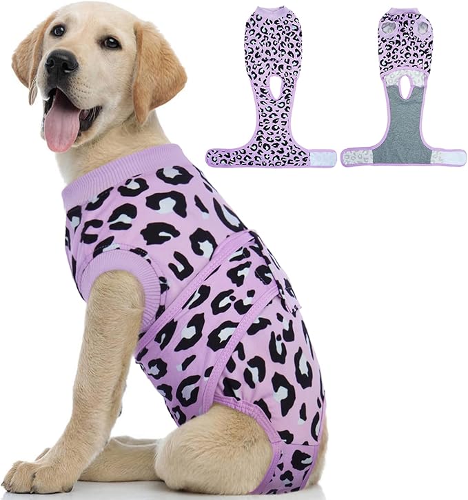 Kuoser Dog Recovery Suit for Dogs After Surgery,Professional Surgical Onesie for Female Male Dogs Spay Neuter,Soft Dog Surgery Suit Bodysuit for Abdominal Wounds Skin Disease,Purple Leopard XS