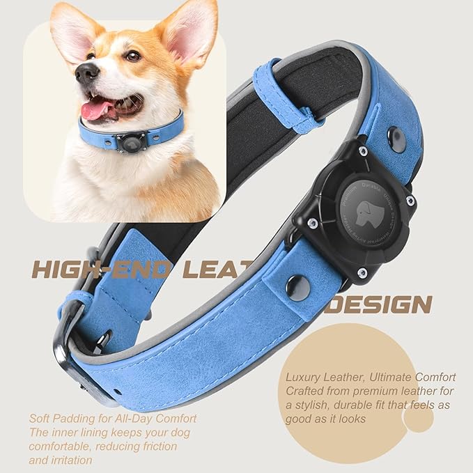 AirTag Dog Collar - Leather Dog Collar with Air Tag Holder | IPX8 Waterproof, Reflective, High - End, Adjustable Soft Padded | Dog GPS Tracker Collars Fit for Medium Large Dogs (Blue, L)