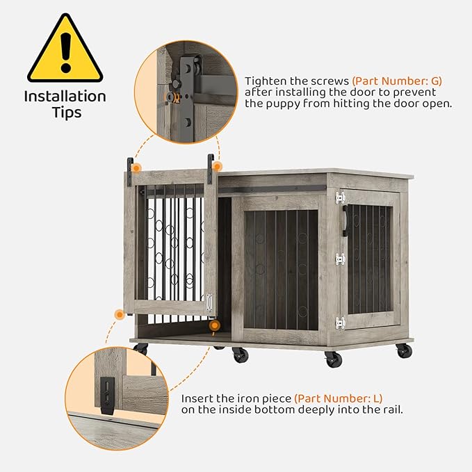 IchbinGo Large Dog Crate Furniture with Sliding Barn Door, 43.7" Wooden Dog Kennel End Table with Wheels and Flip-top Plate Dog House with Detachable Divider for Small/Medium/Large Dog (Rustic Grey)