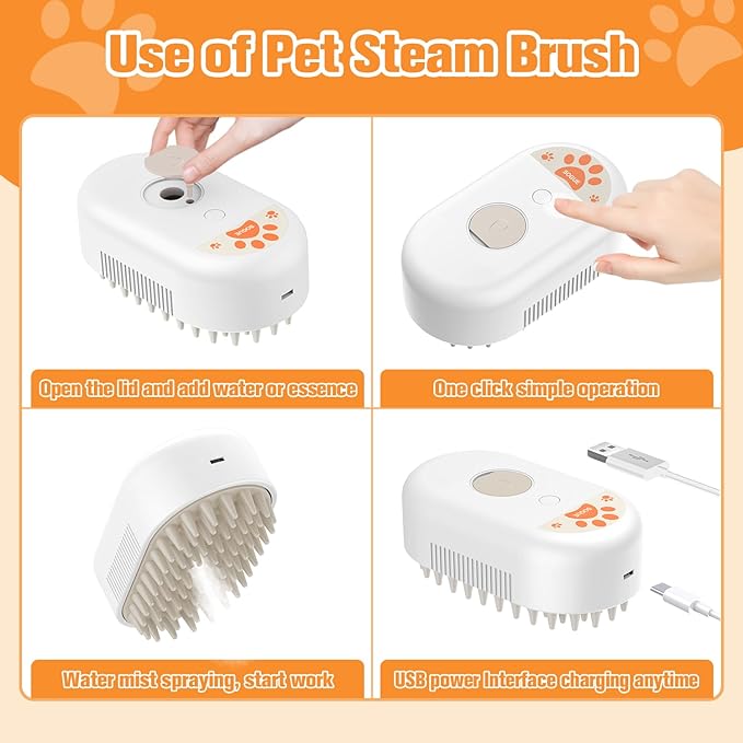 Cat Steam Brush,Rechargeable Pet Steam Brush for Cats Dogs,Silicone Dog Brushes for Short&Long Haired Dogs,3 In 1 Pet Hair Remover Tool for Massage Grooming,Cleaning,Shedding White