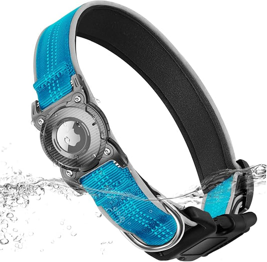 ONEONTA Airtag Dog Collar | Waterproof Airtag Dog Collar Holder with Removable Metal Loop - Airtag Collar Heavy Duty, Reflective, Ultra-Durable, Comfortable Padded, for Small Medium Large Dog, Blue M
