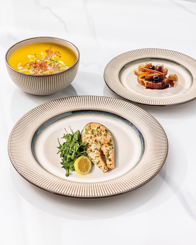 GBHOME Ceramic Dinnerware Sets, 18 Piece Embossed Elegant Stoneware Plates and Bowls Sets, Housewarming Wedding Gift | Dishwasher & Microwave Safe | Dishes Set Service for 8