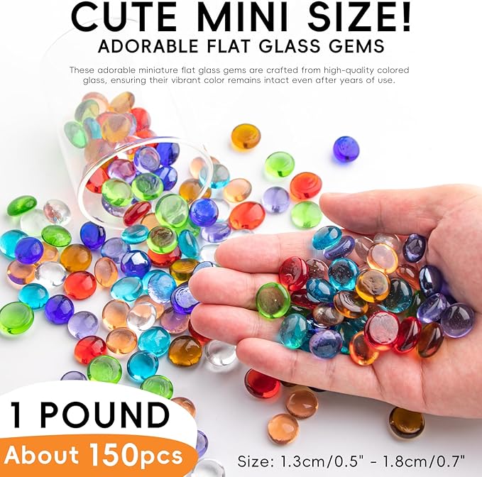 1 LB Mix Color Glass Beads, Mini Flat Glass Marbles~150PCS for Vase Fillers, Floral Bottom Mancala Gems Pebbles Fish Tank Rocks for Table Scatter Aquarium,Home Decorative Art Craft Supplies(0.5"~0.7")