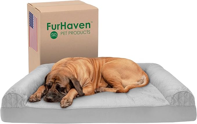 Furhaven Cooling Gel Dog Bed for Large Dogs w/ Removable Bolsters & Washable Cover, For Dogs Up to 125 lbs - Quilted Sofa - Silver Gray, Jumbo Plus/XXL