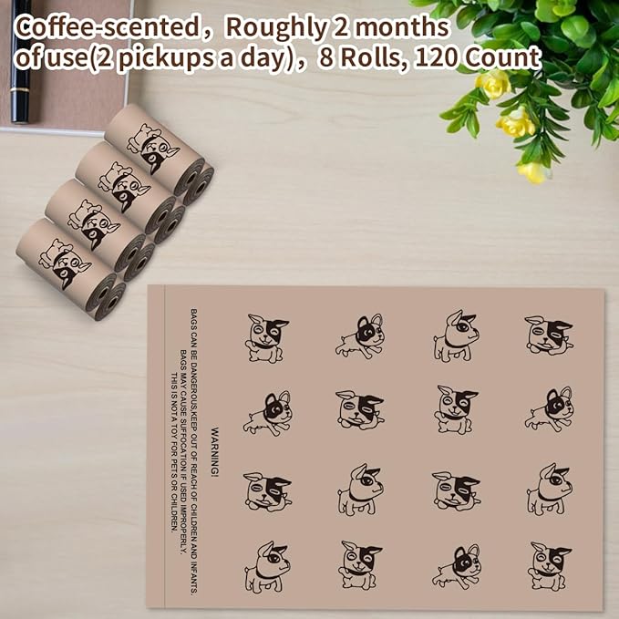Coffee Dog Poo Bags Coffee scent - 120 Large Biodegradable Poop Bags, Extra Thicken Strong Corn Starch Blended Compostable Leak Proof Poop Waste Bag for Dogs