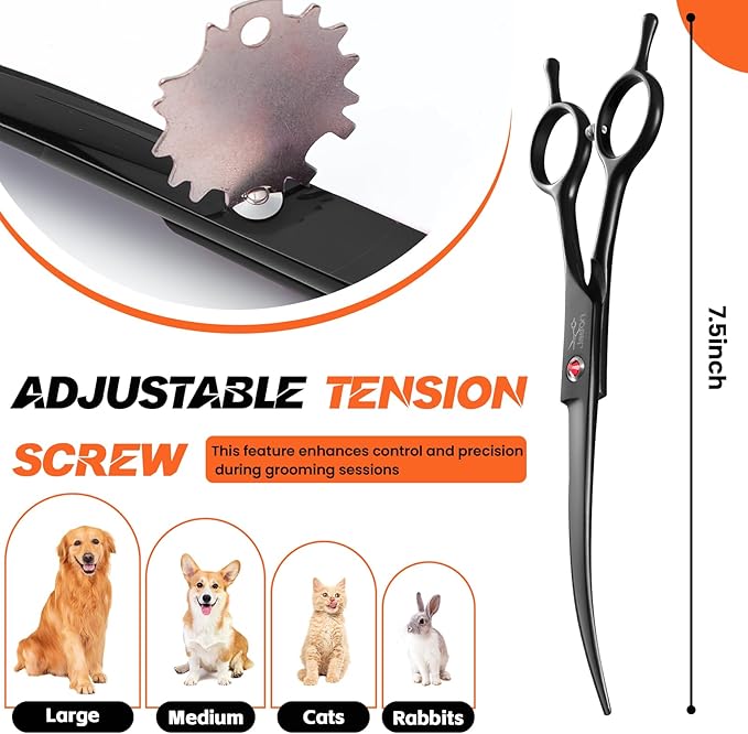 JASON 7.5" Dog Grooming Scissor - Professional Down-curved Shear with Ergonomic Handle Japanese Stainless Steel Hair Scissor for Dogs, Cats and Other Pets, Sharp (Down-curved, Black)