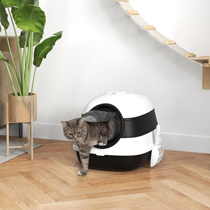 PawHut Cat Litter Box - Covered, High Sides, Air Freshener, Two-Way Entrance, Foldable, Easy Clean, White & Black