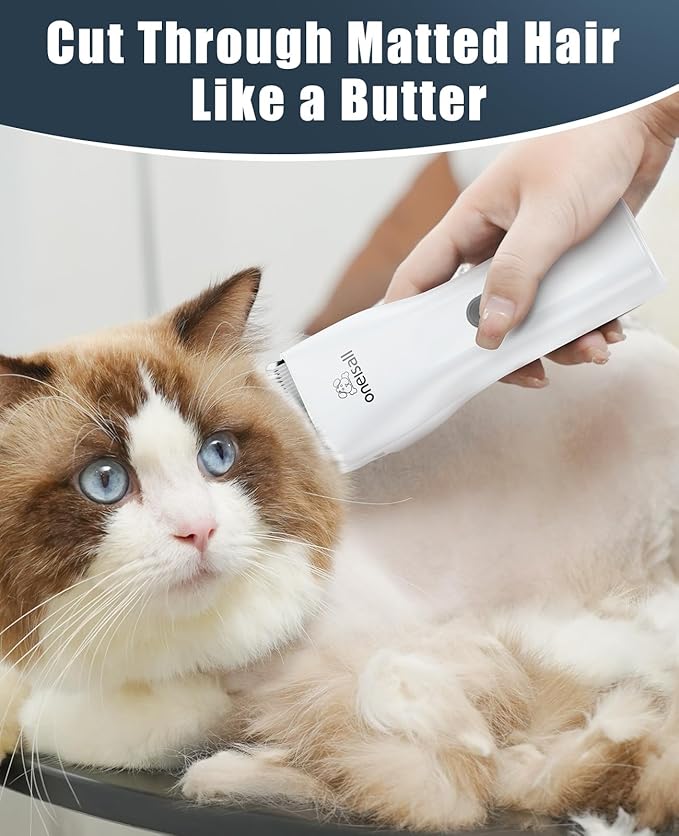 oneisall Pet Clipper for Cat Matted Hair, Pet Shaver for Cats Quiet Pet Clippers Waterproof Cordless Cat Clippers for Matted Hair Long Hair with Storage Bag (White)
