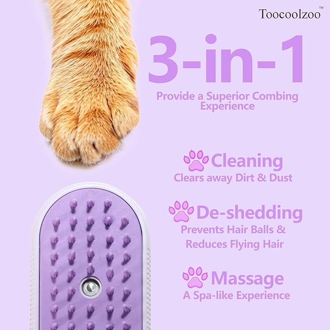 3-in-1 Cat Steam Brush, Rechargeable Cat Brush with Steam, Spritz Defur Comb for Dogs, Spritz Defur Comb for Cats (Purple)