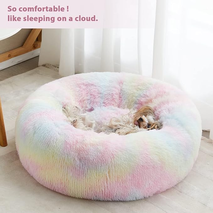 WNPETHOME Calming Dog Bed Cat Bed Donut, Faux Fur Pet Bed Self-Warming Donut Cuddler, Comfortable Round Plush Dog Beds (30 x 30 x 10 Inch, Rainbow)