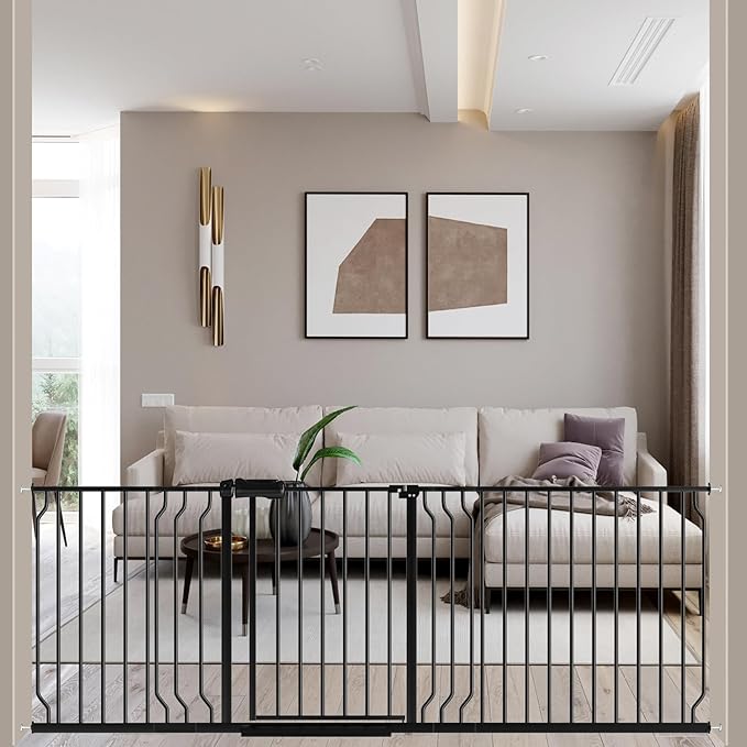 ALLAIBB Extra Wide Pressure Mounted Baby Gate Walk Through Child Kids Safety Toddler Tension Black Long Large Pet Dog Gates with Extension for doorways Kitchen (71.65-85.03"/182-218cm, Black)