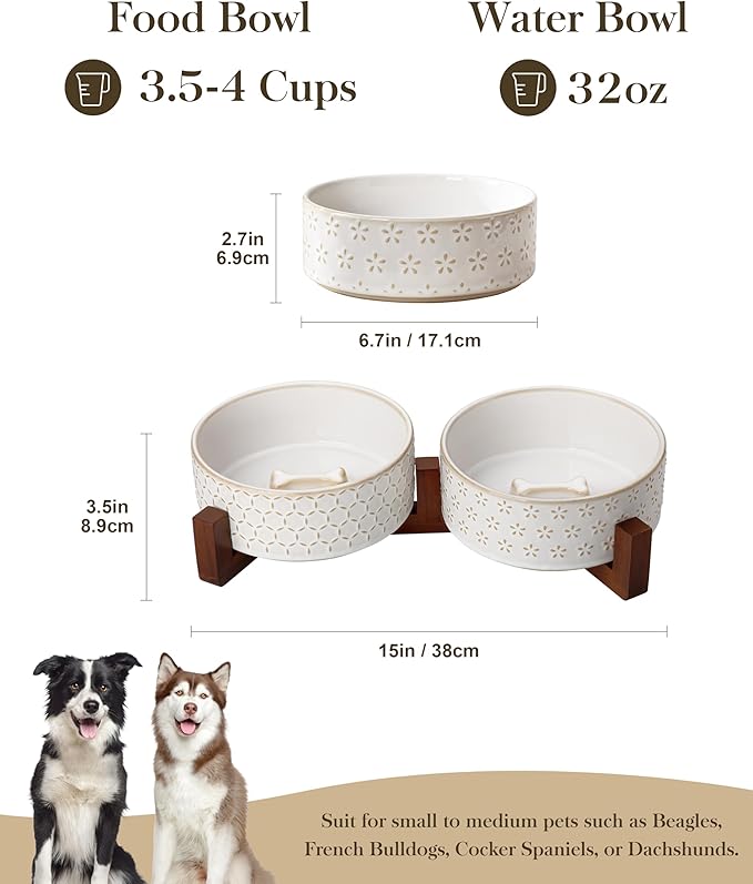 MALACASA Dog Bowl Set with Walnut Wood Stand, 3.5 Cups Ceramic Pet Bowls for Puppy Dogs, Dual Food and Water Bowls with Non-Slip Base, Basic Bowls for Your Dog or Cat, Five-Leaf Grass & Honeycomb