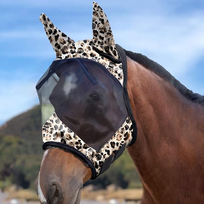 Harrison Howard LumiVista Horse Fly Mask Standard with Ears UV Protection for Horse Leopard Print L Full Size