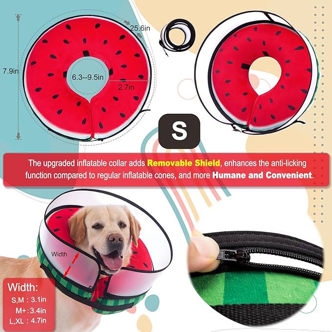 Inflatable Dog Cone Collar with Enhanced Anti-Licking, Soft Neck Donut for Dogs Cats, Recovery Pet Cone Collar After Surgery for Large Medium Small Dogs… (Watermelon, Small)