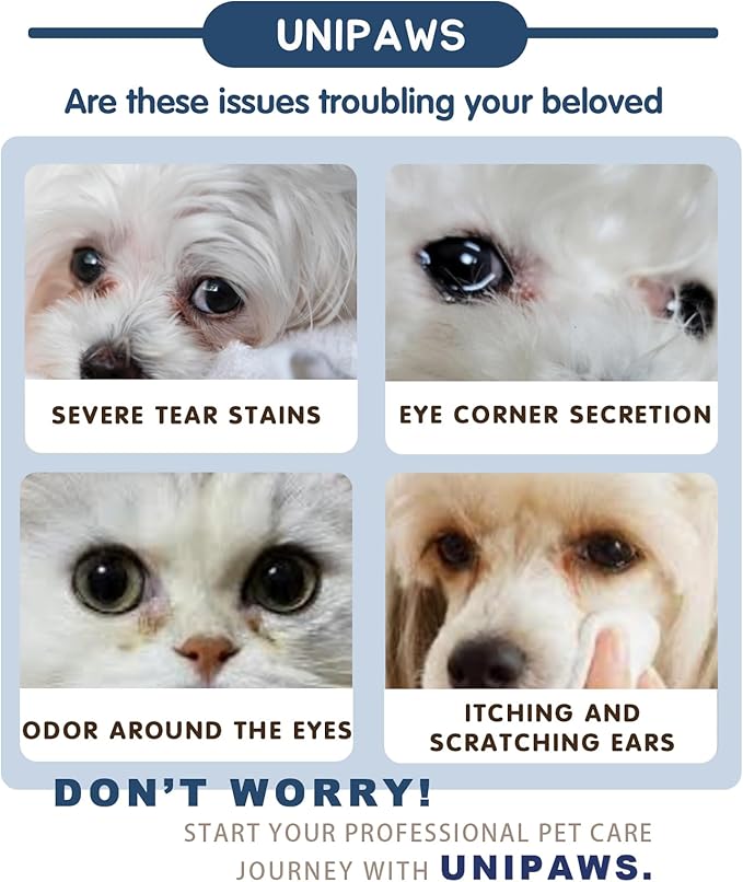 UNIPAWS Dog & Cat Eye Area Cleaner with Wipes – Vet-Recommended Tear Stain Remover – 5.1 fl oz Cleaner + 50 Dry Finger Wipes – Probiotic & Plant Formula, Gentle Grooming Care