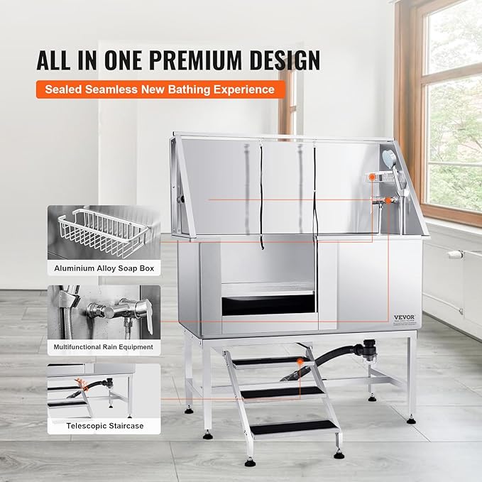 VEVOR 50" Pet Dog Bathing Station w/Stairs, Professional Stainless Steel Dog Grooming Tub w/Soap Box, Faucet,Rich Accessory, Dog Bathtub for Large,Medium,Small Pets, Washing Sink for Home Left