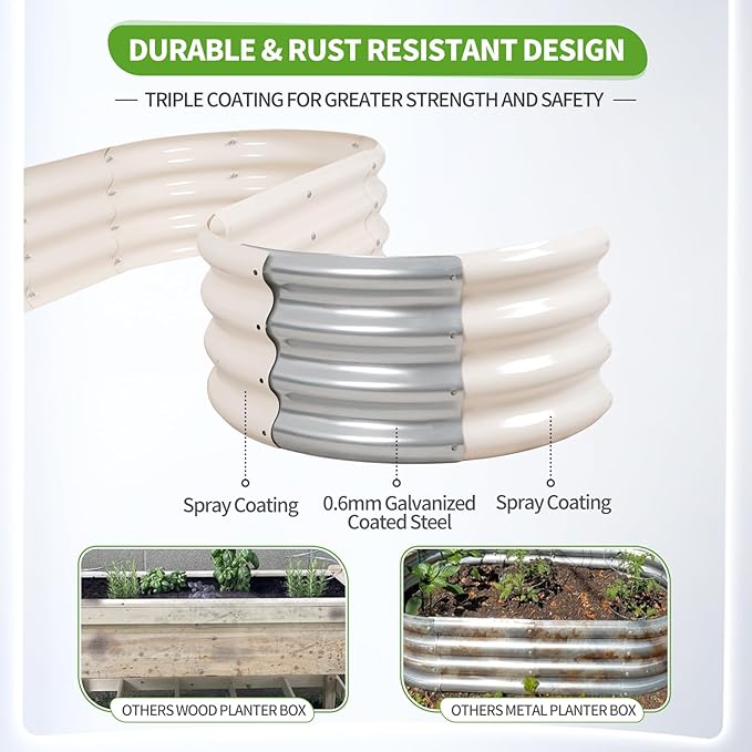 Galvanized Raised Garden Bed - 8x2x1FT Metal Planter Boxes Outdoor | Oval Steel Raised Bed Kit for Gardening with Protective Tape, Bracing Rods, Gloves for Vegetables, Flower, Herb (White)