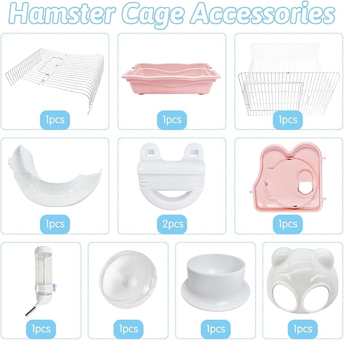 PINVNBY Dwarf Hamster Cage, Small Animal Cages, 2-Tier Travel Portable Mouse Cage Hamster Carrier with Castle House Running Exercise Wheels, Water Bottle and Food Dis（Pink）