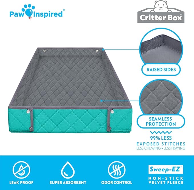 Paw Inspired Critter Box Washable Cage Liner, Reversible Fleece Bedding with Raised Sides for Guinea Pigs and Other Small Animals (2x4 (12" Grids), Gray/Green)