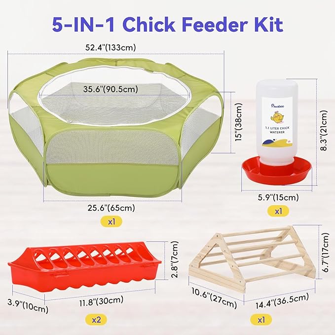 Pawaboo 5-in-1 Chicken Brooder Box for Chick Starter Kit, Includes Pet Cage Tent, Chicks Perch, Chick Feeder, 1.1L Chick Waterer, Baby Chick Supplies (Brooder Set), Green + Red + Wood Color