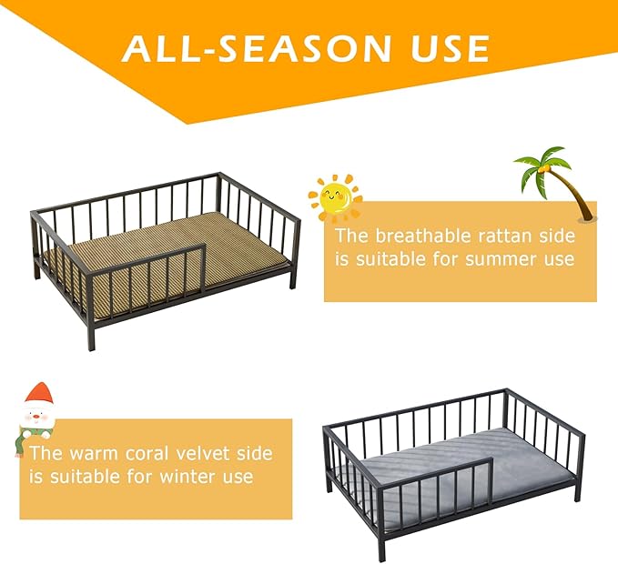 Dog Bed with Rails - Elevated Pet Metal Bed Frame with Solid Wood Board and Washable Soft Mat for Medium Dog Indoor or Outdoor Use, 25.2" x 37.8", Black